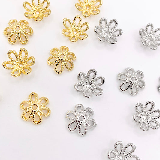 10mm Flower Bead Caps in 18K Gold/Silver Plated Copper Jewelry Findings 50 PCS