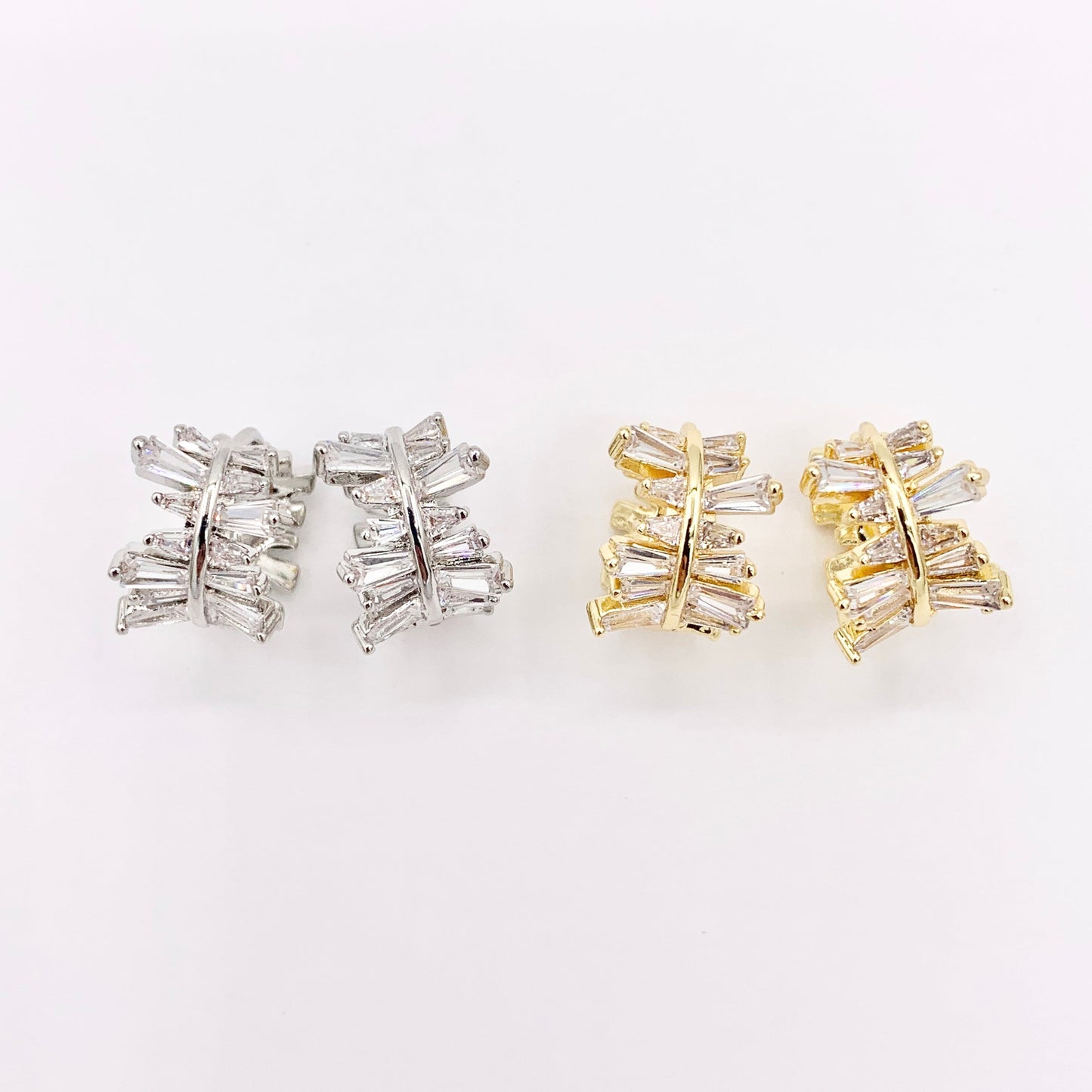 Irregular Horizontal Lined Micro Pave CZ Earring Huggies in Real 18K Gold/Silver Plated Copper 15mm 3 PAIRS