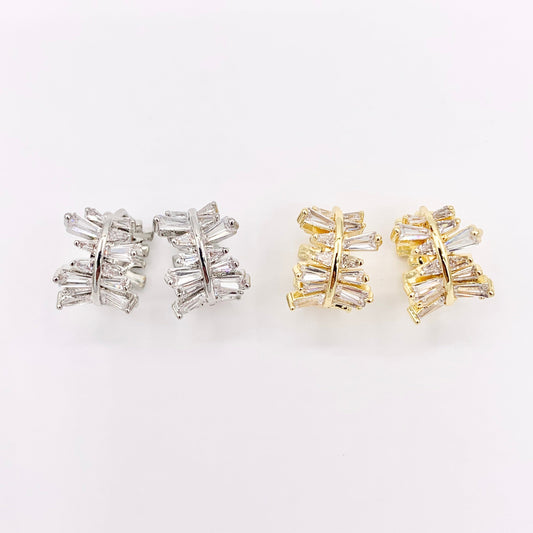 Irregular Horizontal Lined Micro Pave CZ Earring Huggies in Real 18K Gold/Silver Plated Copper 15mm 3 PAIRS