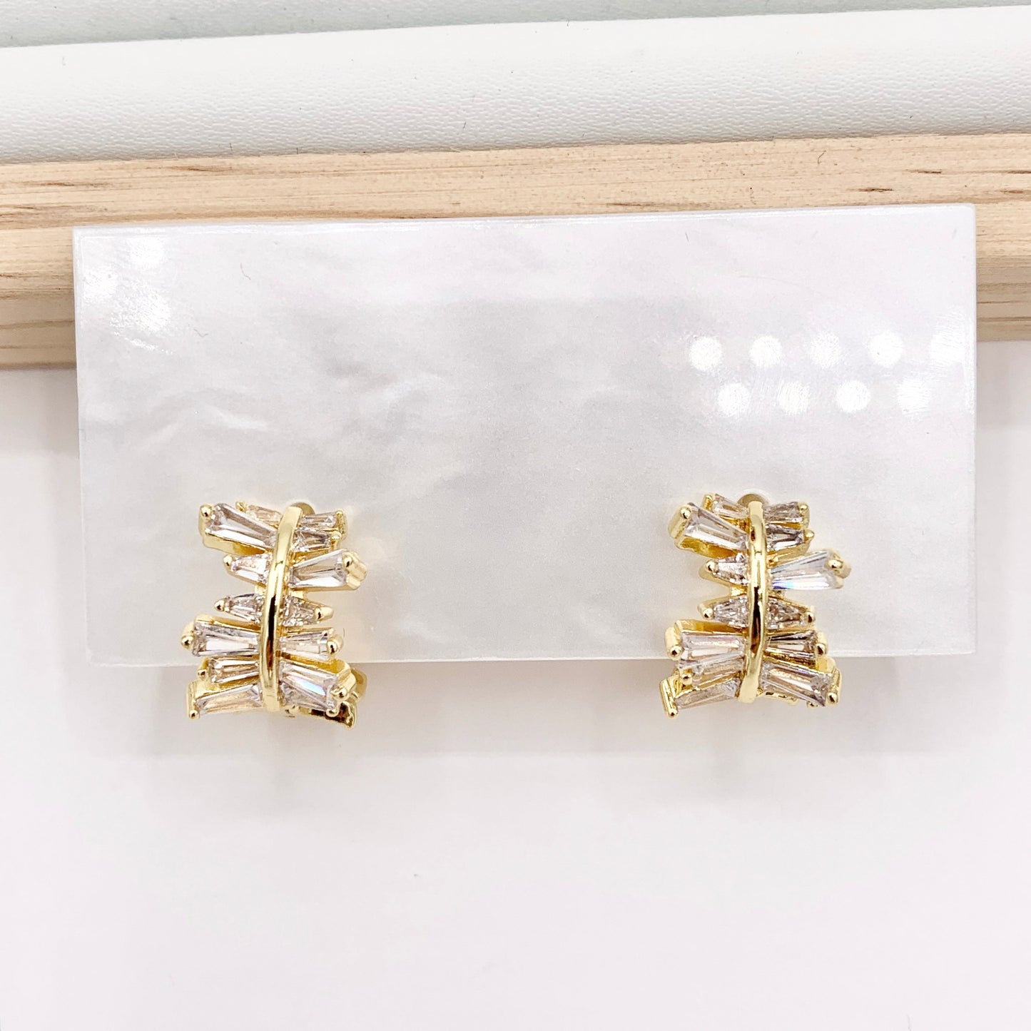 Irregular Horizontal Lined Micro Pave CZ Earring Huggies in Real 18K Gold/Silver Plated Copper 15mm 3 PAIRS