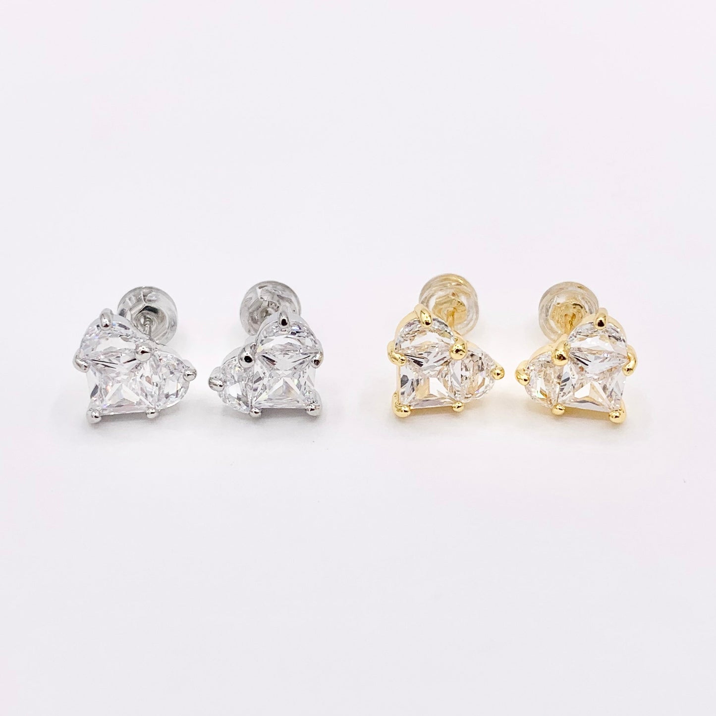 Cute Tiny Heart Earring Studs in Rhinestone CZ Pave Designed in 18K Gold or Silver Plated Copper 4 PAIRS