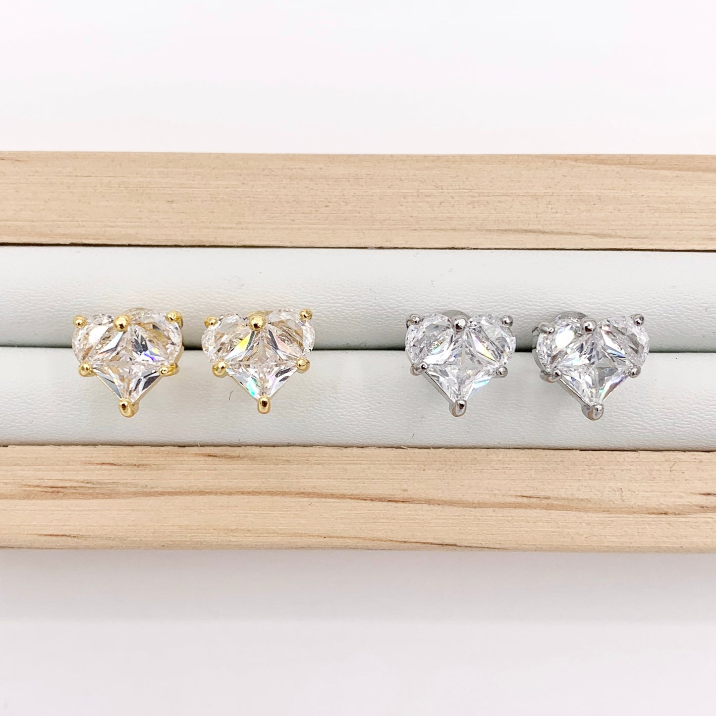 Cute Tiny Heart Earring Studs in Rhinestone CZ Pave Designed in 18K Gold or Silver Plated Copper 4 PAIRS