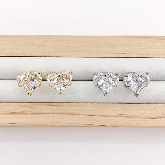 Cute Tiny Heart Earring Studs in Rhinestone CZ Pave Designed in 18K Gold or Silver Plated Copper 4 PAIRS