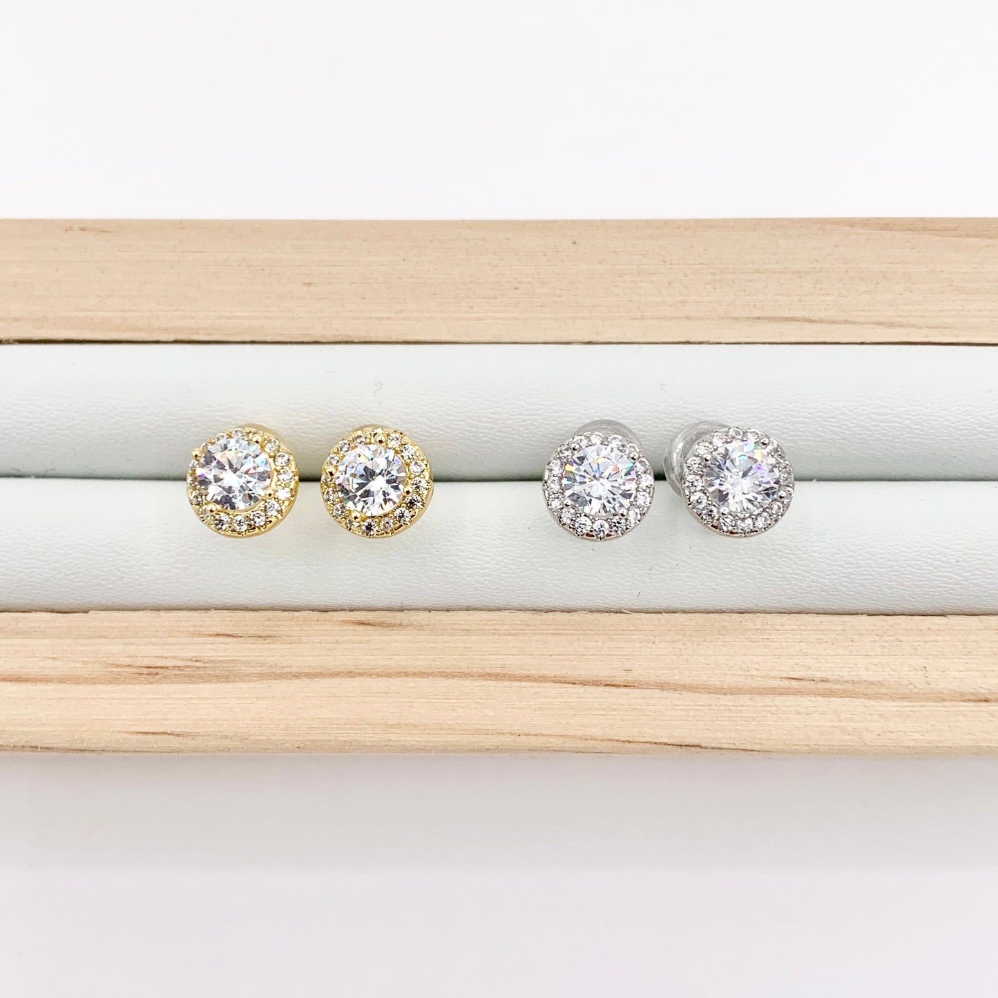 18K Gold/Platinum Plated CZ Pave Round Halo Earring Studs Over Copper 5 PAIRS