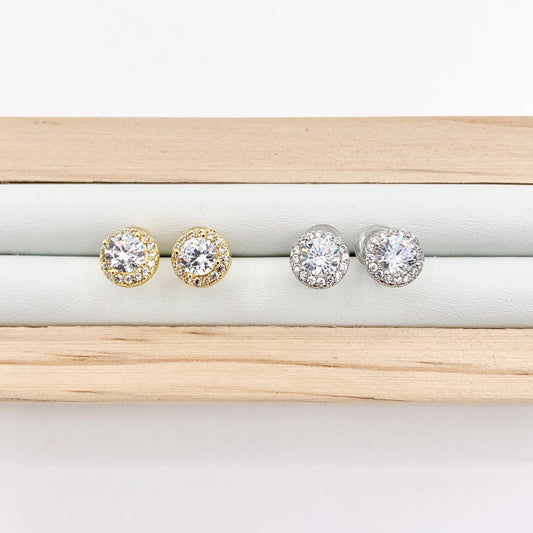 18K Gold/Platinum Plated CZ Pave Round Halo Earring Studs Over Copper 5 PAIRS