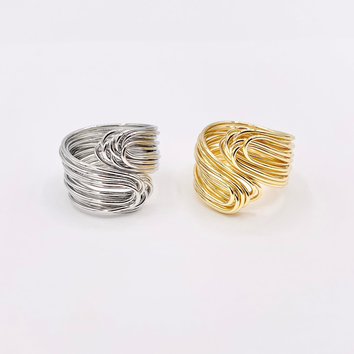 18K Gold and Silver Plated Plain Wire Wrapped Bypass Adjustable Ring 5 PCS