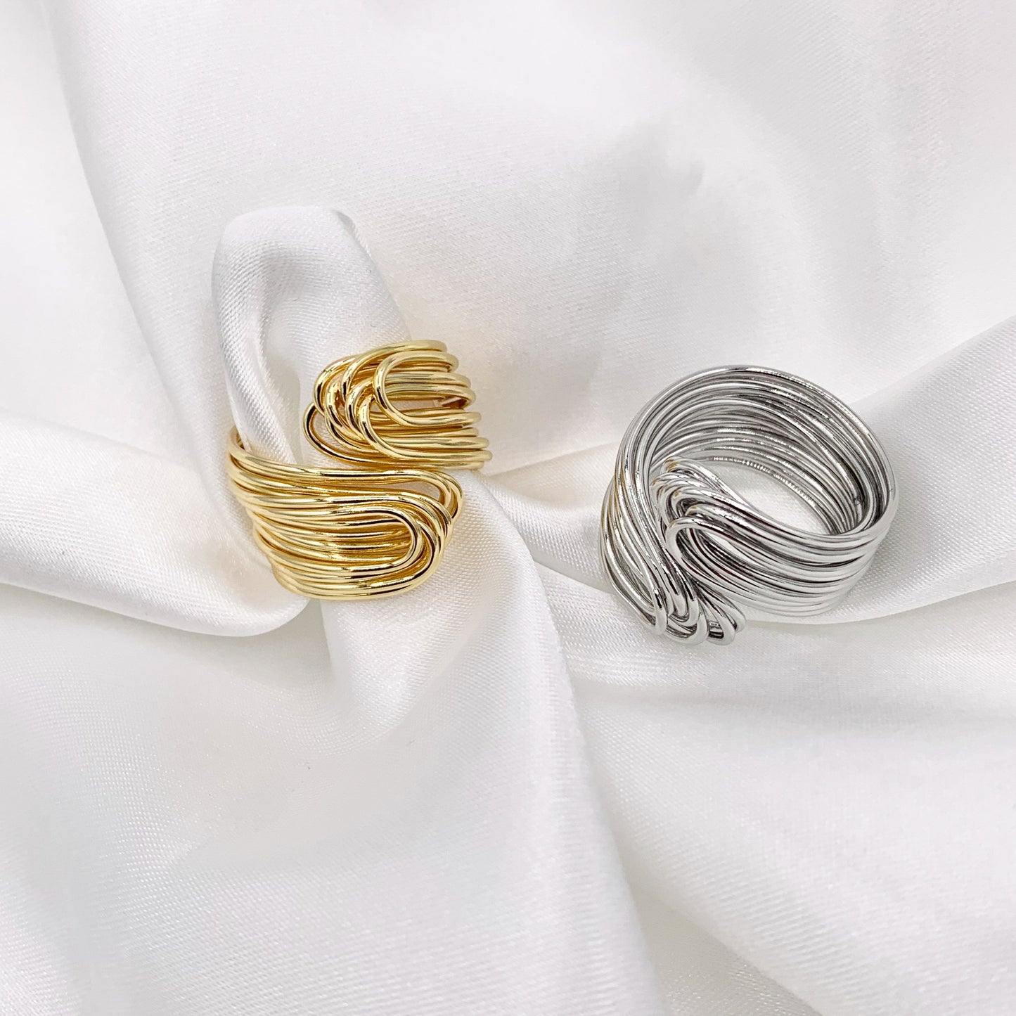 18K Gold and Silver Plated Plain Wire Wrapped Bypass Adjustable Ring 5 PCS