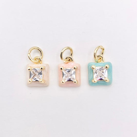 Real Gold 18K Plated Enamel & CZ Pave Tiny Square Charm Over Copper 10 PCS
