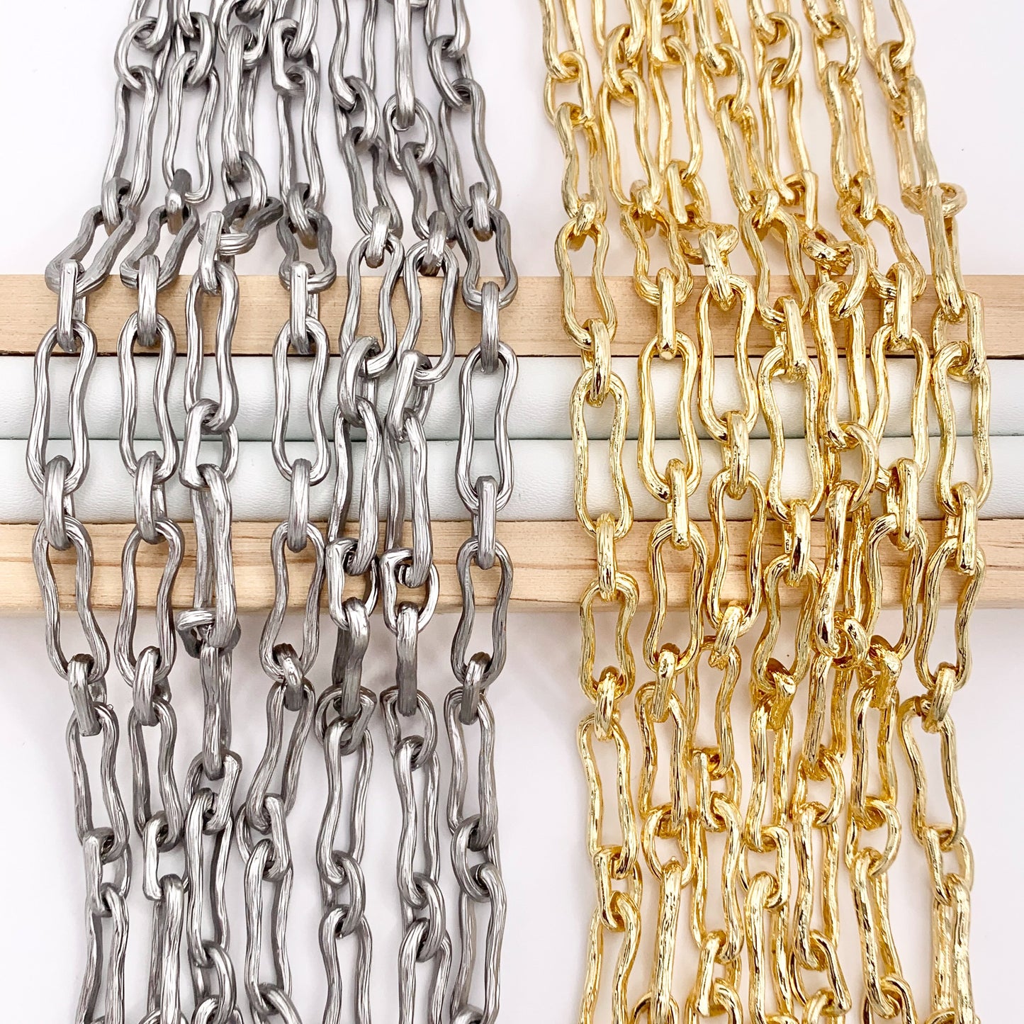 Textured Wavy Oval Link Chain in Real 18K Gold/Matte Silver Plated Copper By The Spool For Jewelry Making