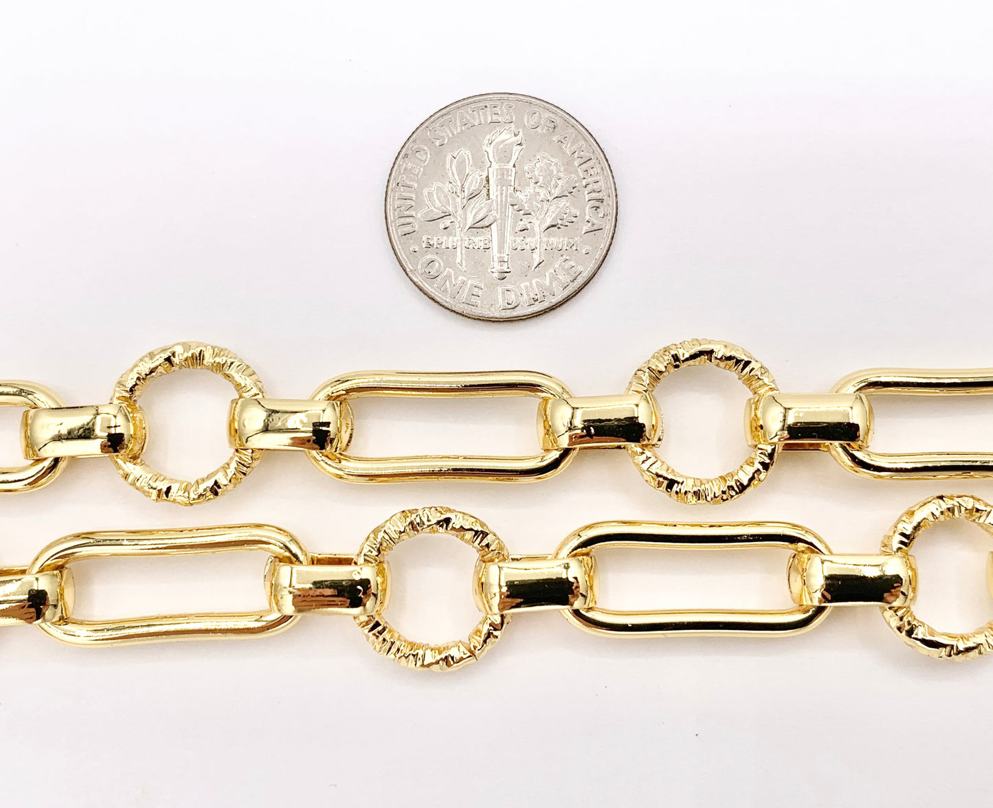 Paperclip + Textured Circle Link Chain in Real 18K Gold Plated Copper By The Spool For Jewelry Making