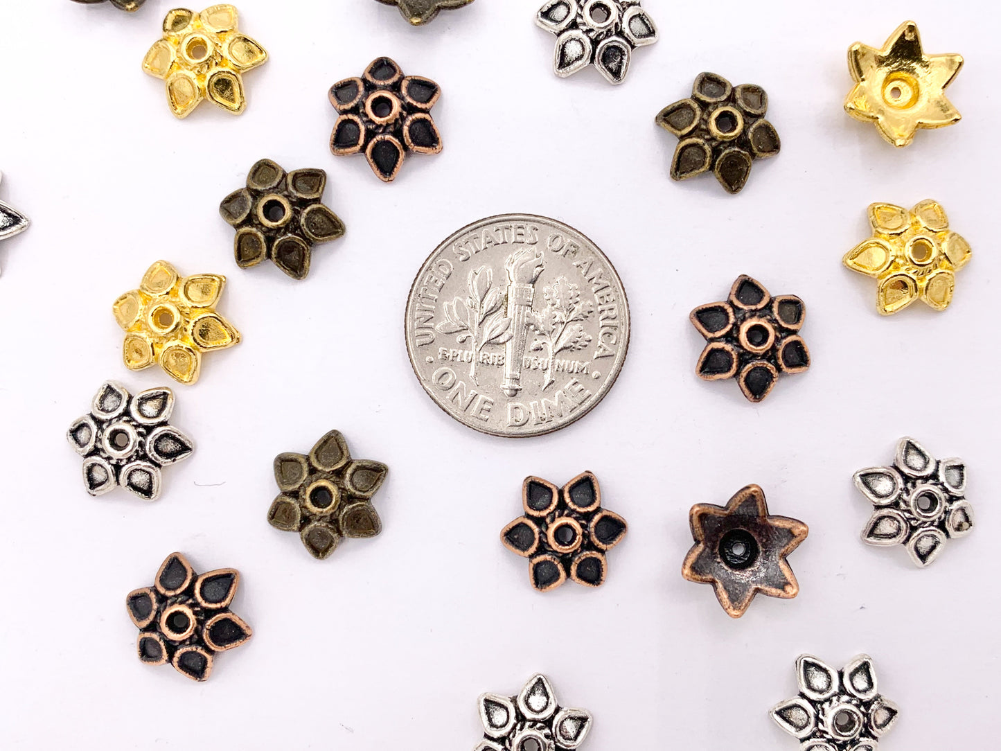 10mm Pewter Tiny Flower Bead Caps Cute Space Beads in Gold, Silver, Copper and Bronze Color 125g