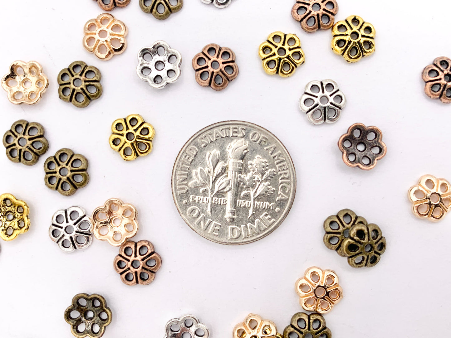 6-7mm Pewter Tiny Daisy Bead Caps Cute Flower Space Beads in Antique Gold, Rosy Gold, Silver, Copper and Bronze Color 100