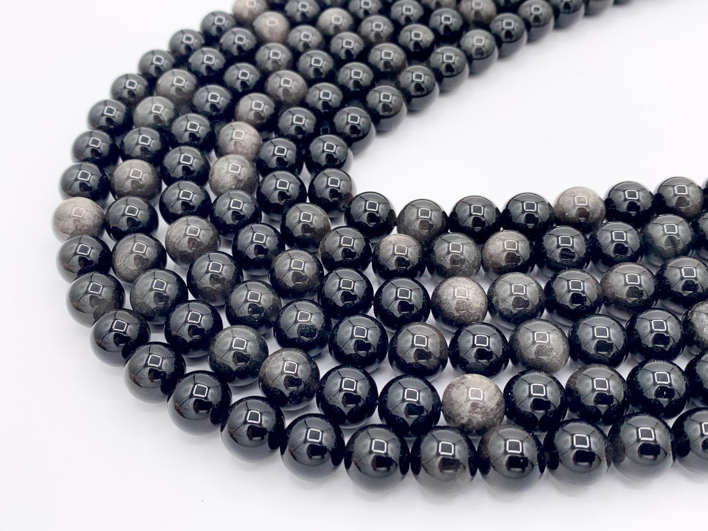 Silver Obsidian Round Smooth Shiny Natural Healing Gemstone Beads Men's and Women's bracelet 6-14mm Around 15"