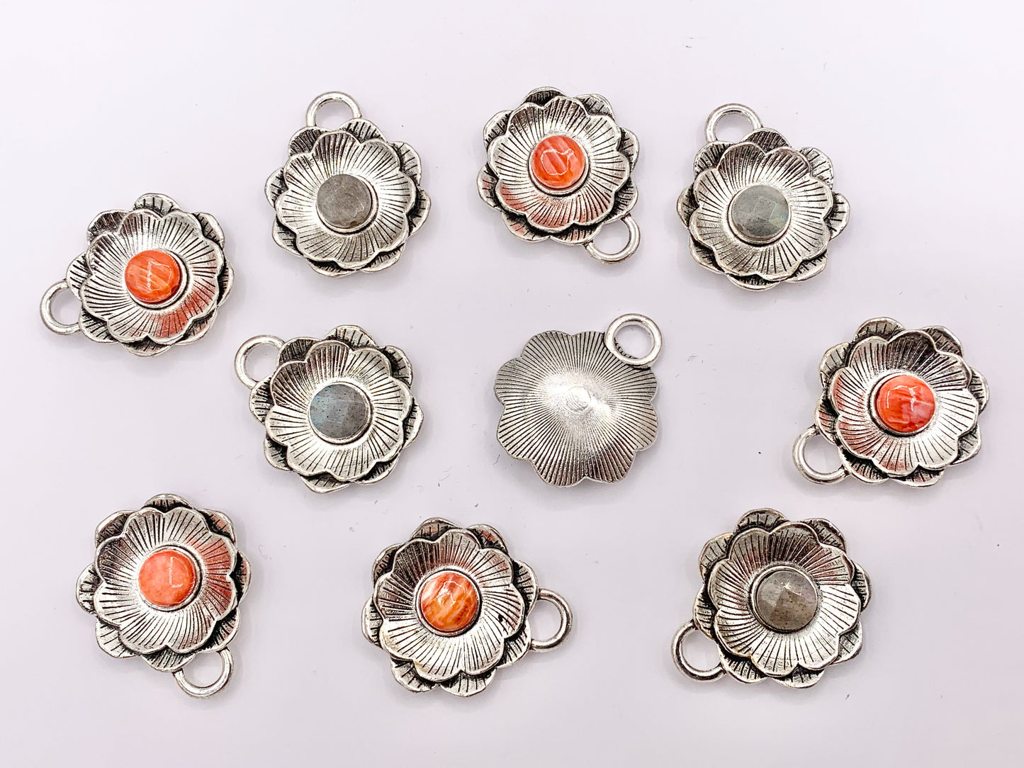 Tibetan Silver Flower Pendant With Spiny Oyster and Labradorite Handmade Pendant 1 PC