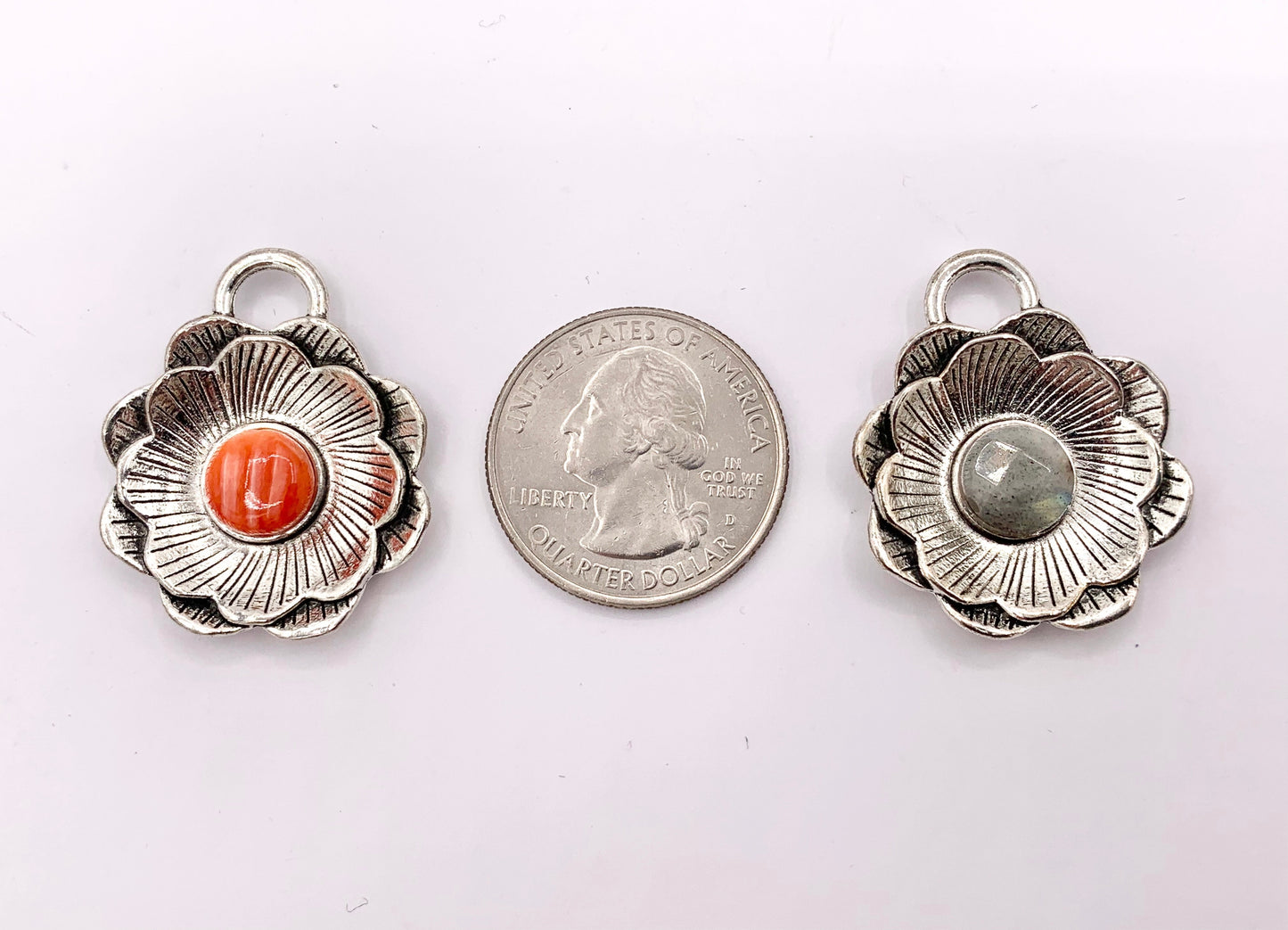 Tibetan Silver Flower Pendant With Spiny Oyster and Labradorite Handmade Pendant 1 PC