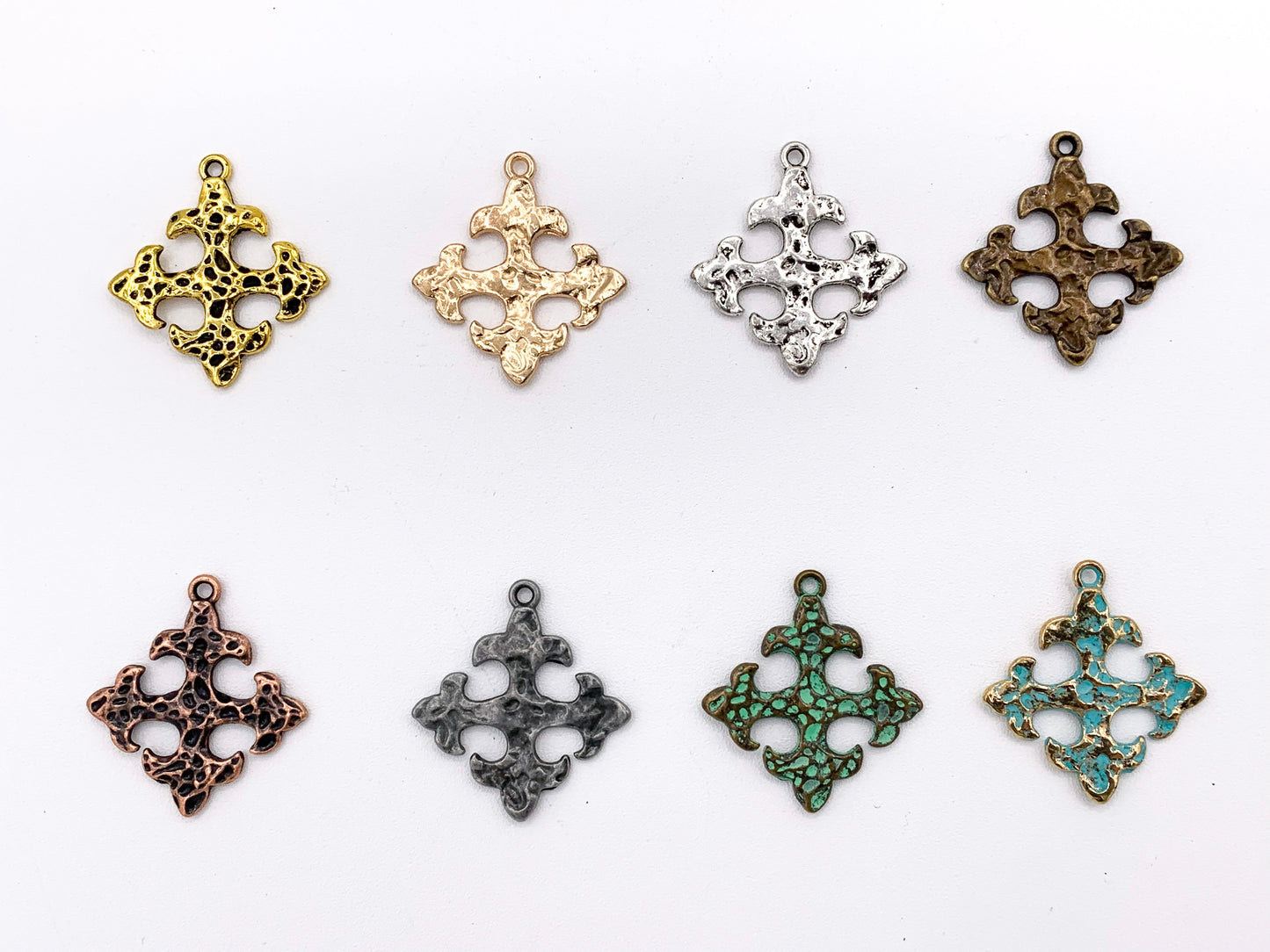 27mm Pewter Cross Fleury Hammered Pendants in Antique Gold, Rosy Gold, Silver, Bronze, Copper, Gunmetal, Green & Blue Patina
