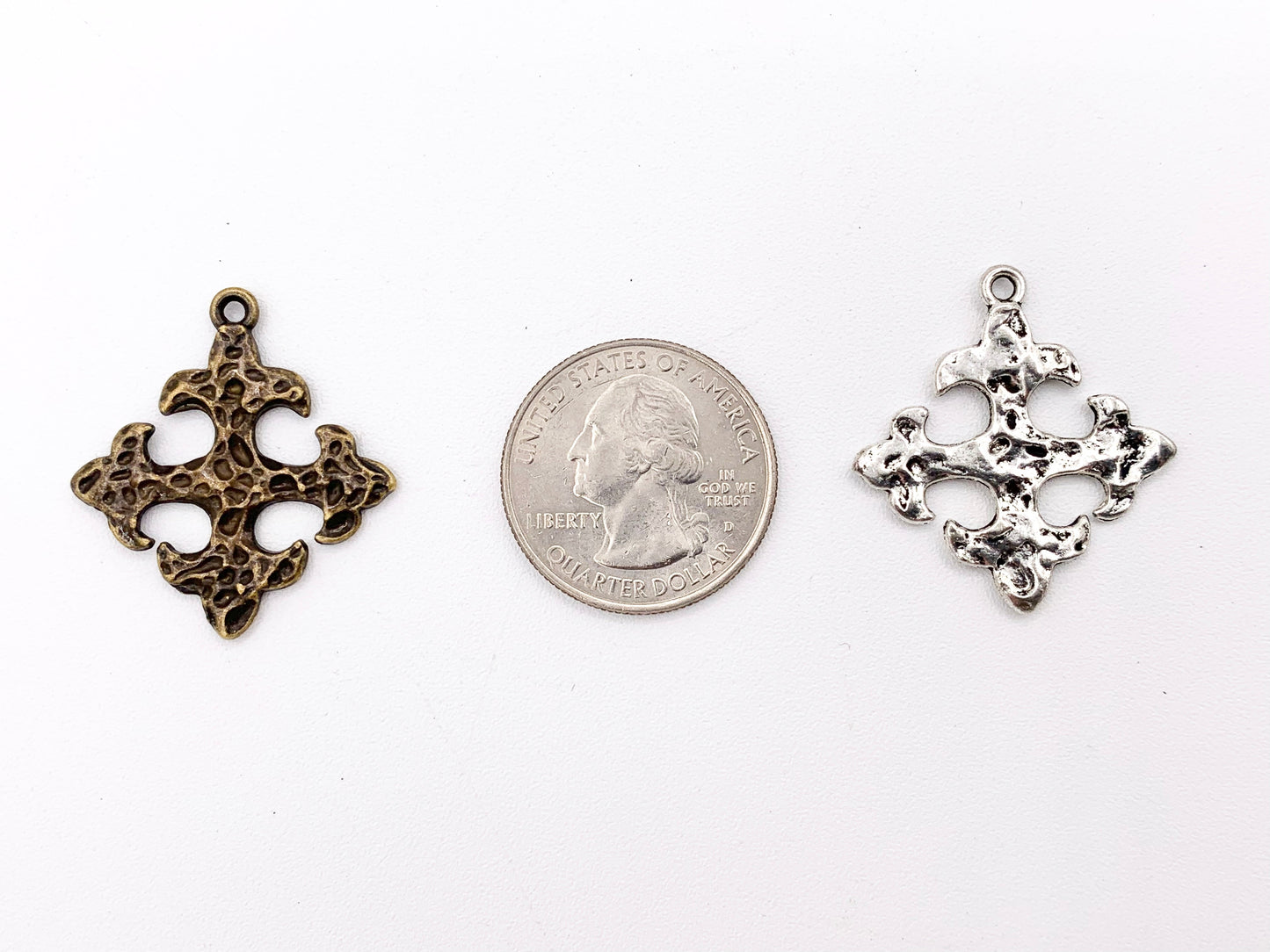 27mm Pewter Cross Fleury Hammered Pendants in Antique Gold, Rosy Gold, Silver, Bronze, Copper, Gunmetal, Green & Blue Patina