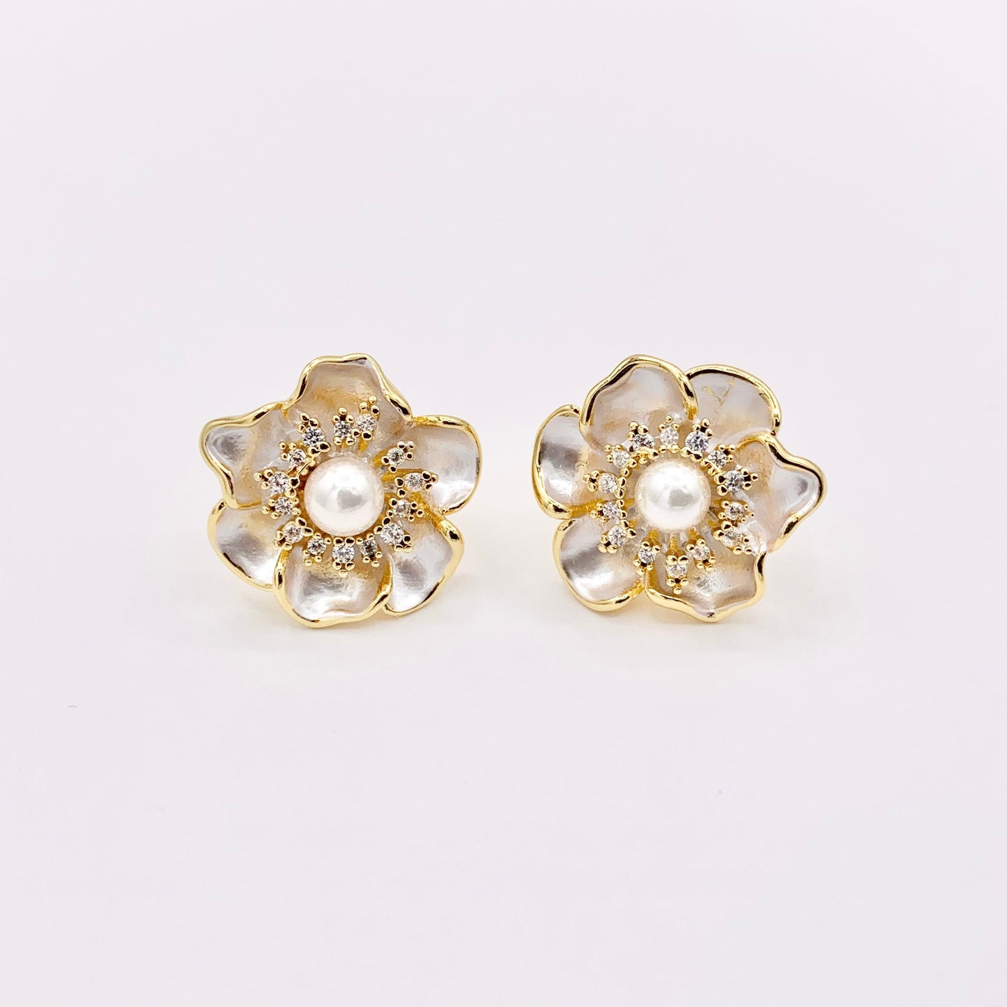 Shell Pearl Flower CZ Pave Earring Studs in Real 18K Gold Plated Over Copper 3 PAIRS