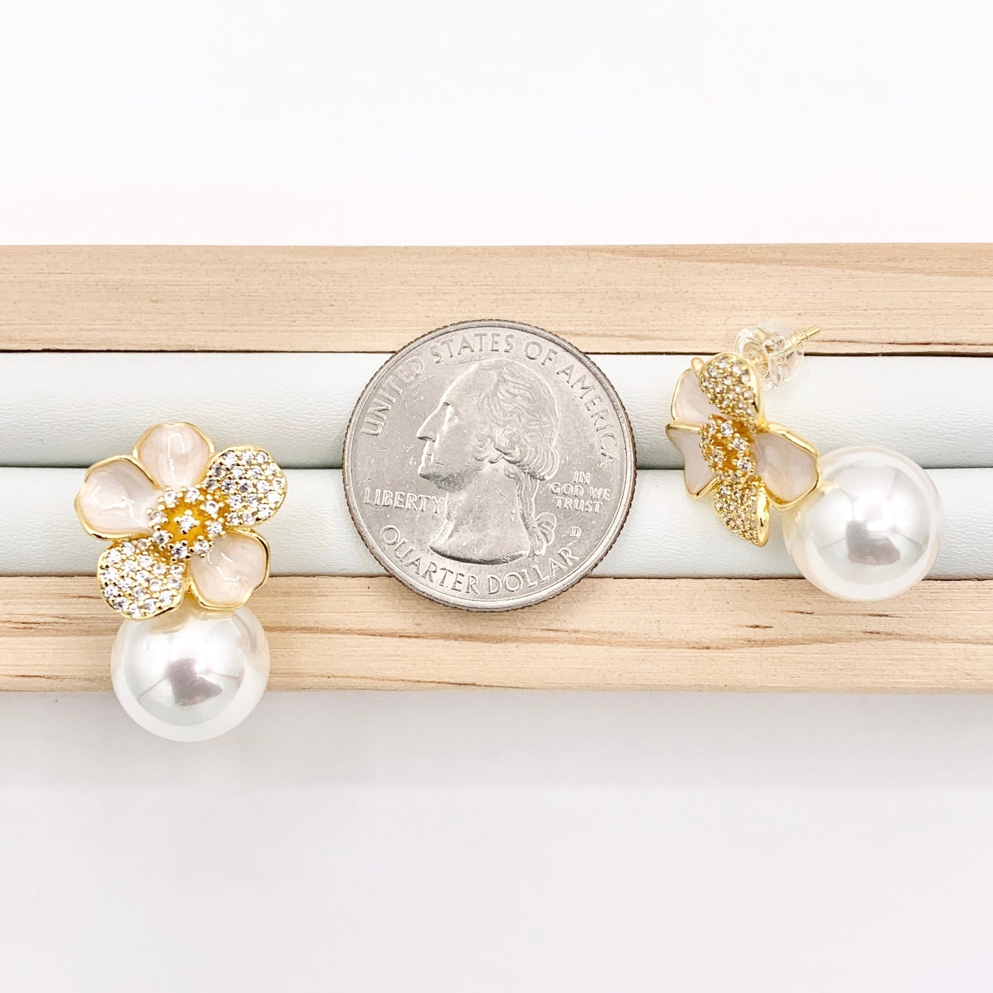 Shell Pearl Flower CZ Pave Earring Studs in Real 18K Gold Plated Over Copper 3 PAIRS