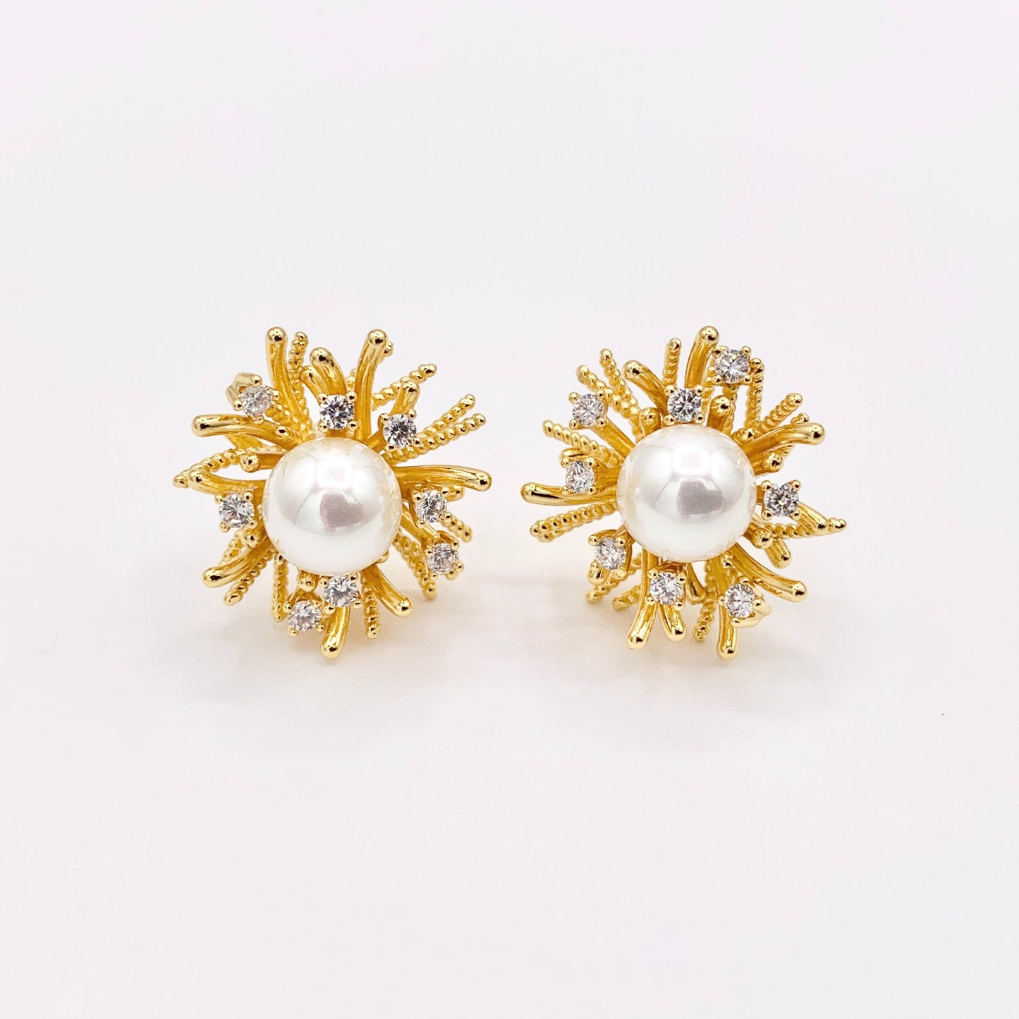 Pretty Unique Pearl Spiky Studs in 18K Gold Plated Copper 3 PAIRS