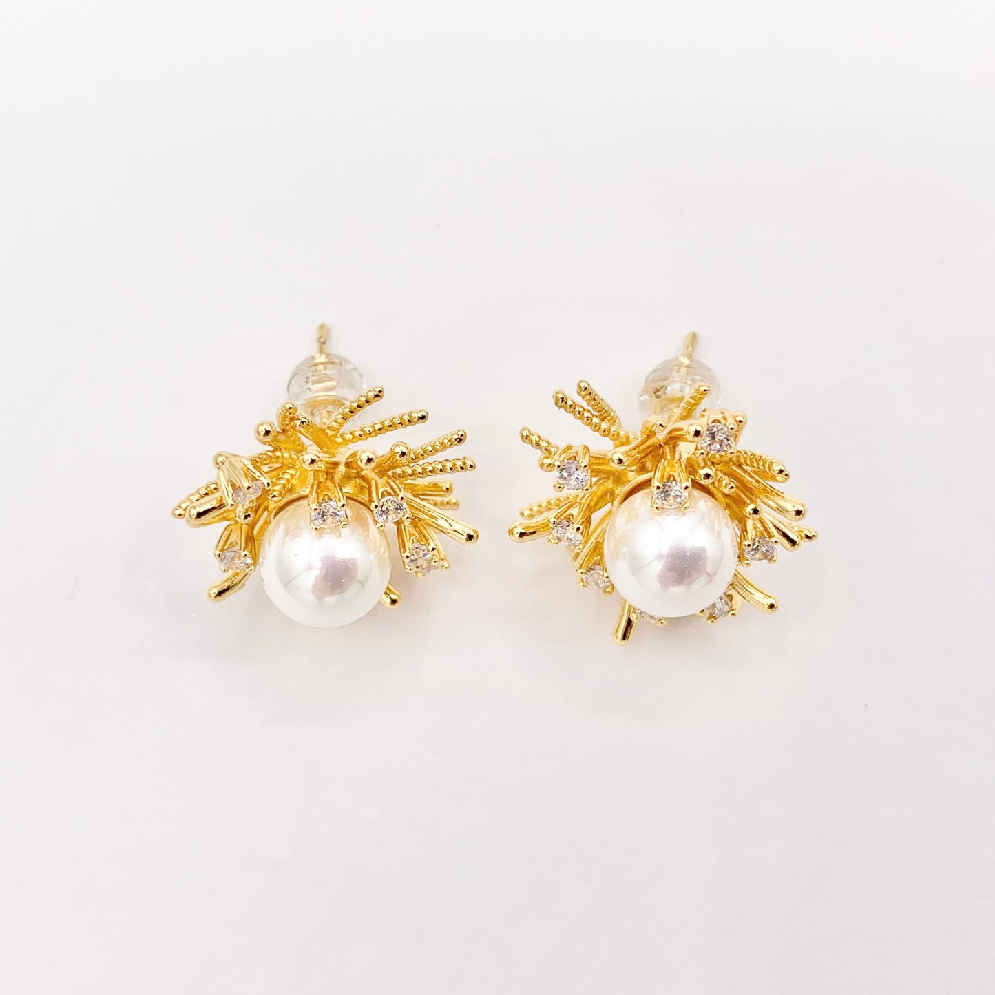 Pretty Unique Pearl Spiky Studs in 18K Gold Plated Copper 3 PAIRS