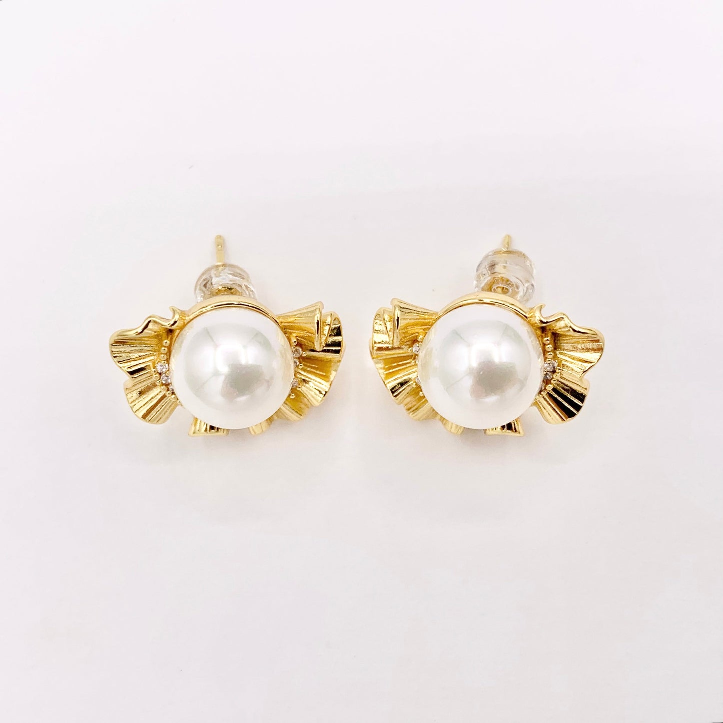 Shell Pearl Earrings Real Gold 18K Plated Copper CZ Pave Earring 3 PAIRS