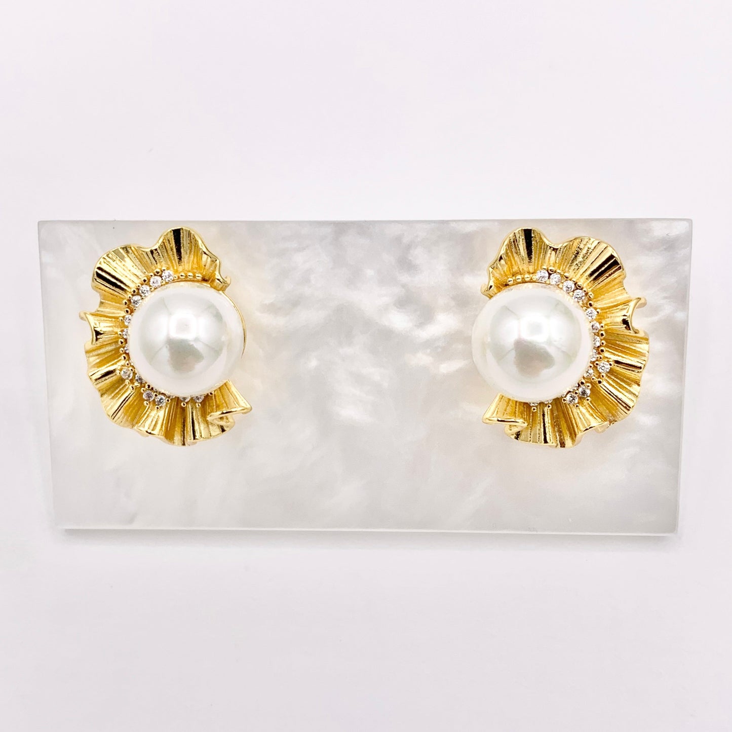 Shell Pearl Earrings Real Gold 18K Plated Copper CZ Pave Earring 3 PAIRS
