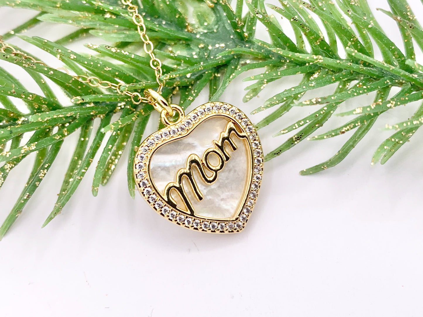 Mother of Pearl CZ Pave Heart Pendant with MOM Letters Charm in Real Gold 18K Plated Over Brass 5 PCS