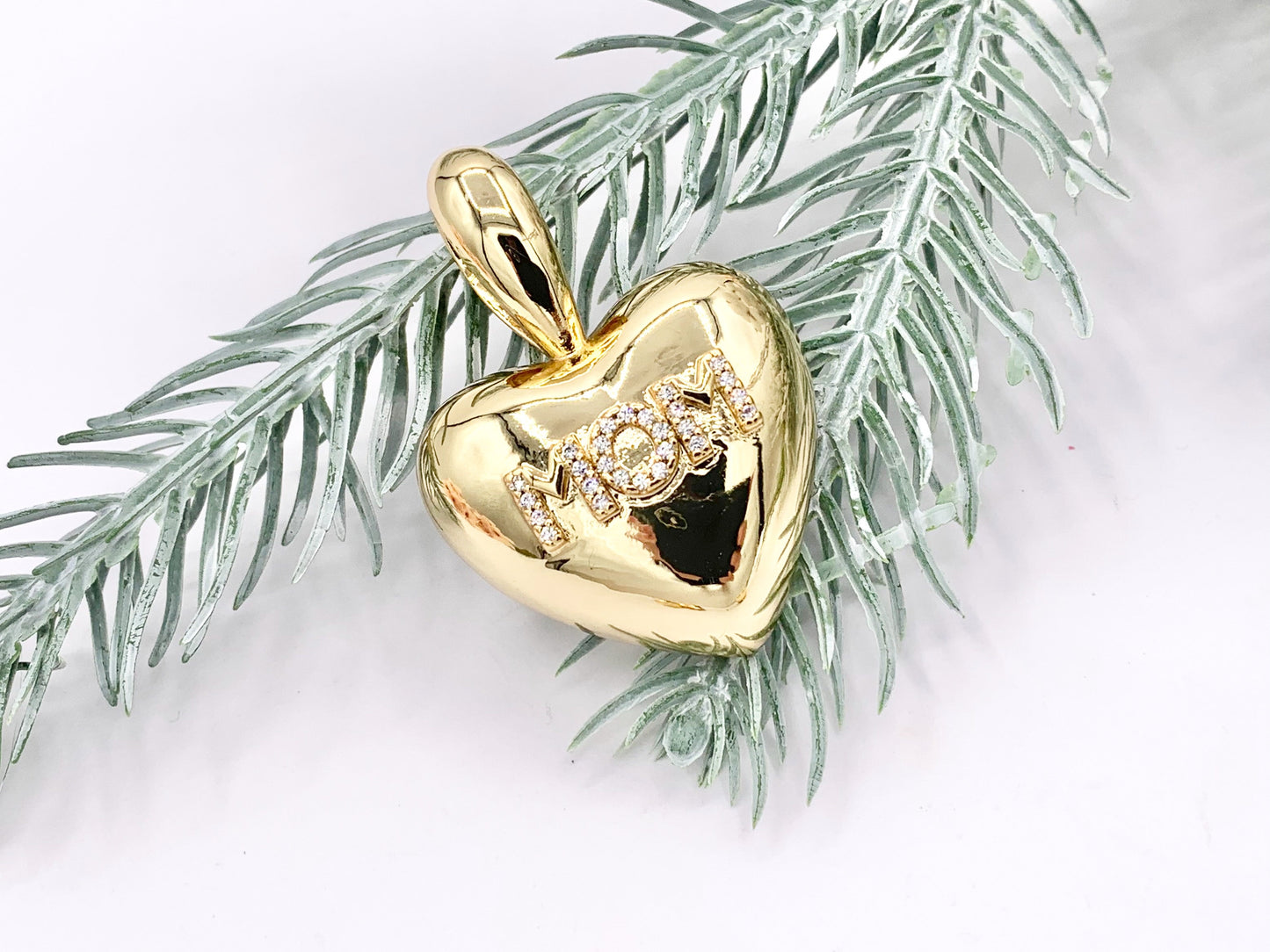 Large Puffy Heart Pendant with CZ MOM Letters Charms in 18K Gold Plated Copper Mother's Day Gift For Mom 3 PCS
