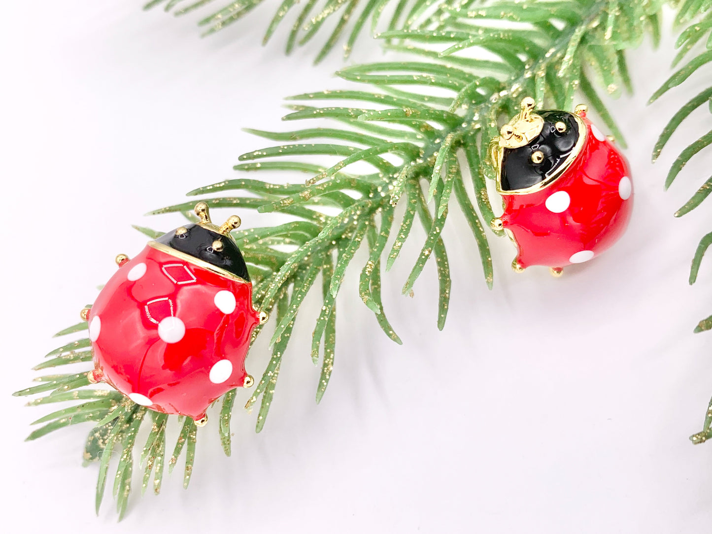 Cute Red Enamel Ladybug Charms 3D Puffy Charms in 18K Gold Plated Over Copper 5 PCS