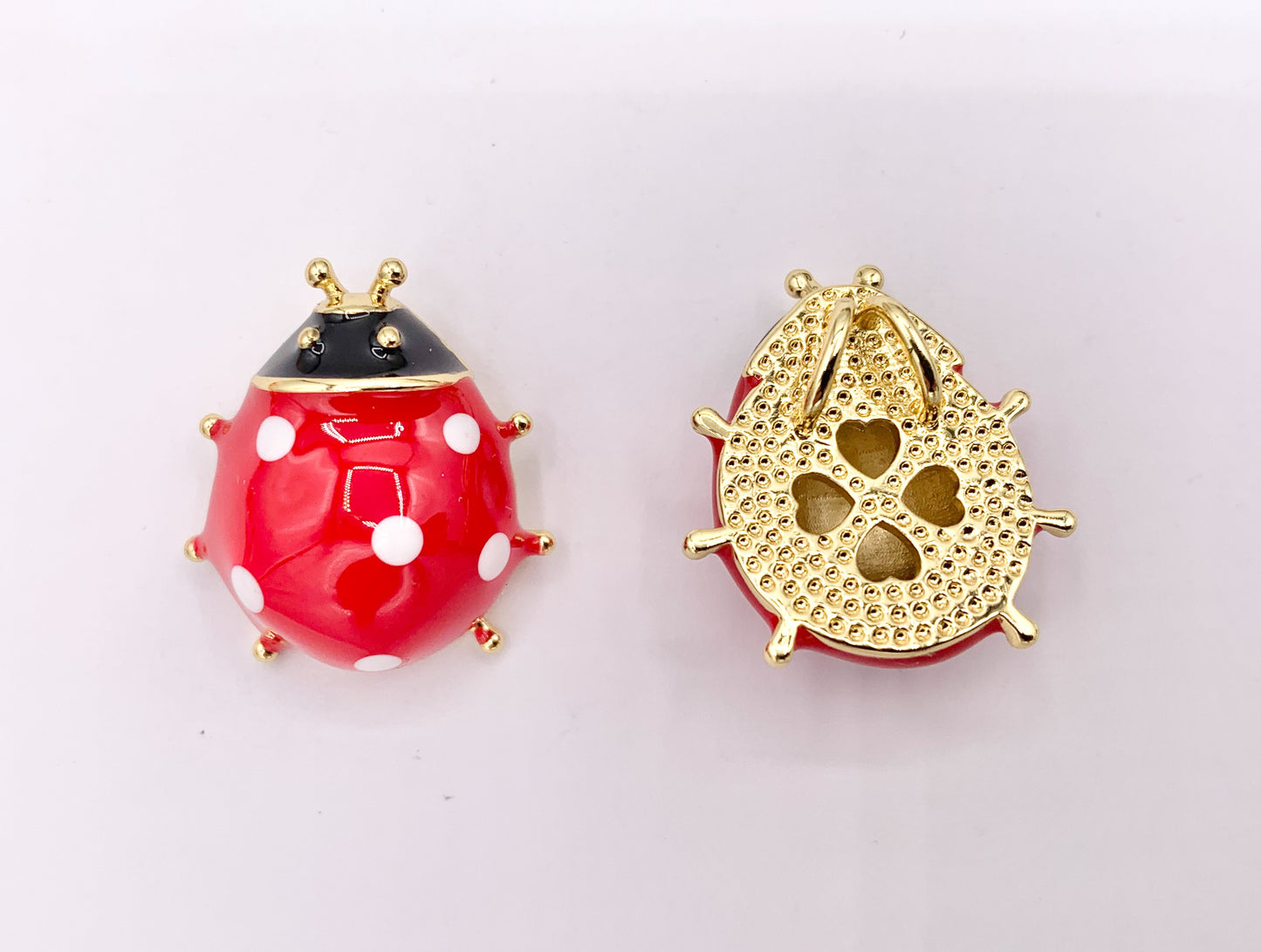 Cute Red Enamel Ladybug Charms 3D Puffy Charms in 18K Gold Plated Over Copper 5 PCS