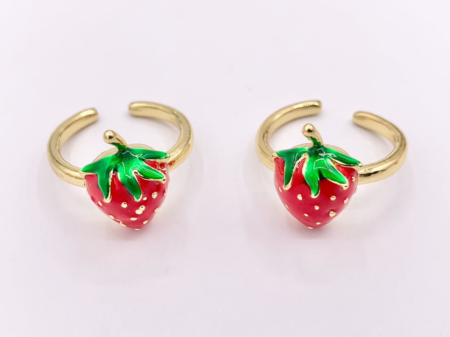 Red Strawberry Enamel 18K Gold Plated Copper Adjustable Ring 5 PCS
