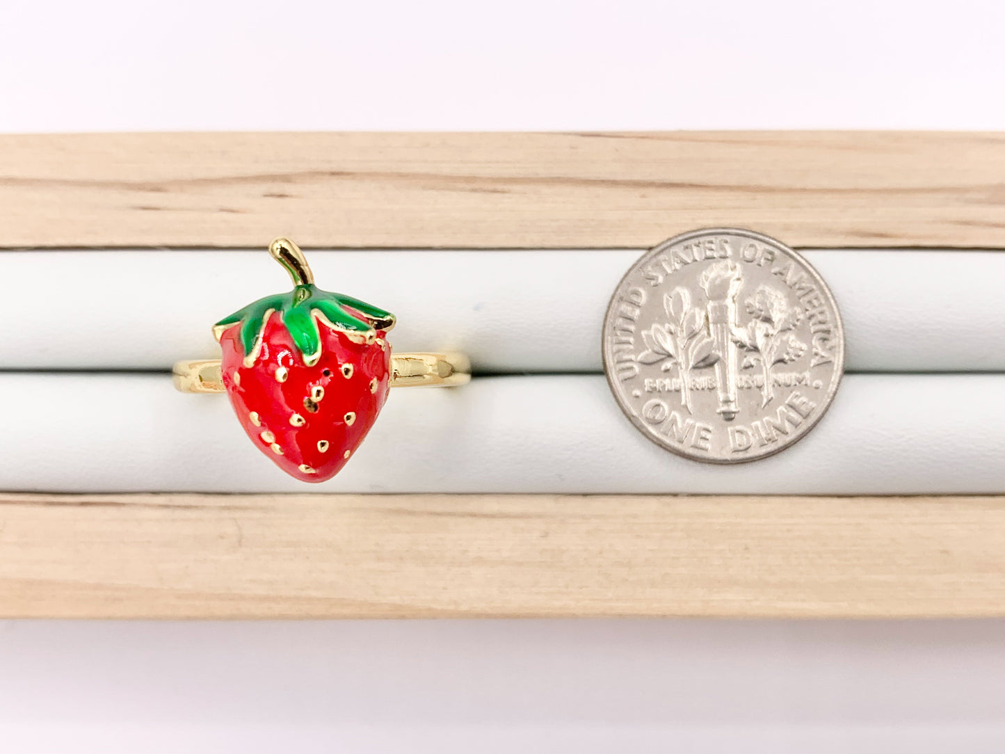 Red Strawberry Enamel 18K Gold Plated Copper Adjustable Ring 5 PCS