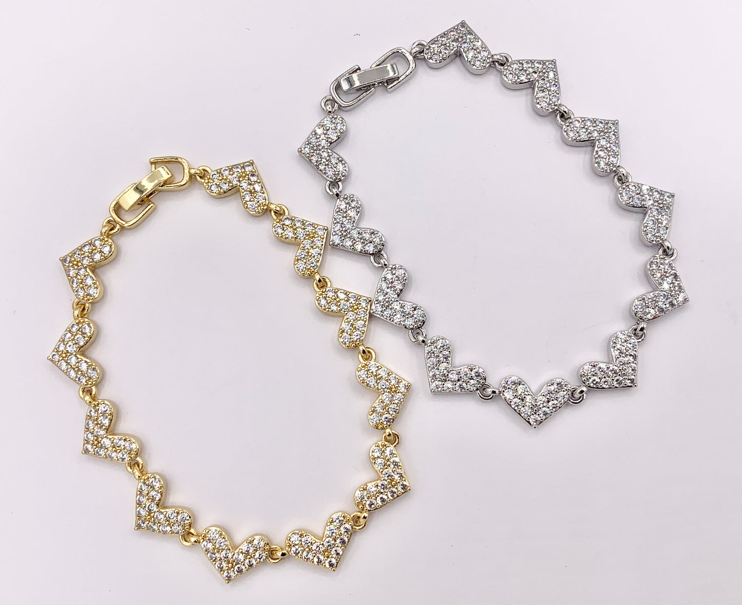 7" Delicate 18K Gold/Silver Plated Dainty Minimalist Fancy Heart Rhinestone Chain Bracelet 2 PCS