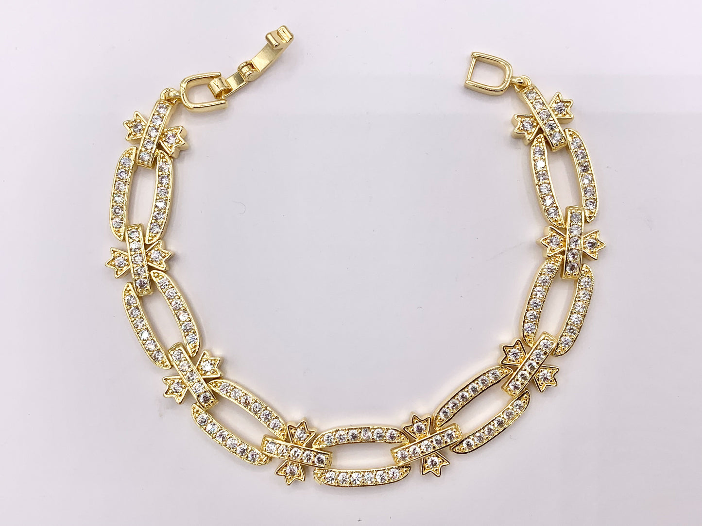 7" Delicate 18K Gold/Silver Plated Dainty Minimalist Fancy Oval Link Rhinestone Chain Bracelet 2 PCS