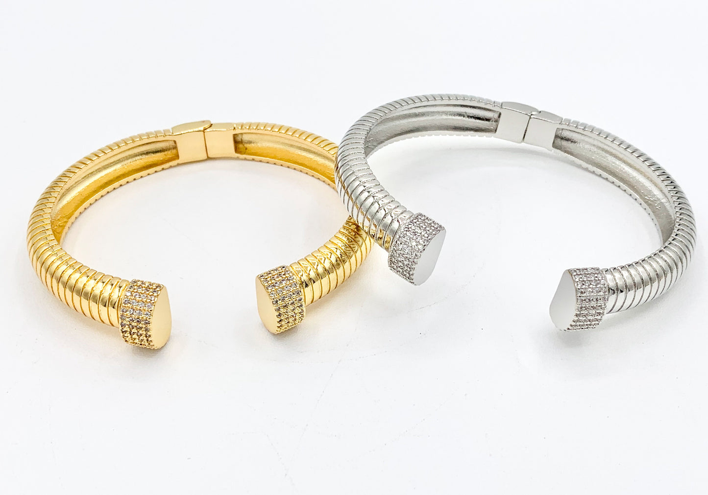 CZ Pave Rhinestone Fancy Open Hinge Bracelet Cuffs in 18K Gold Plating or Silver Plating