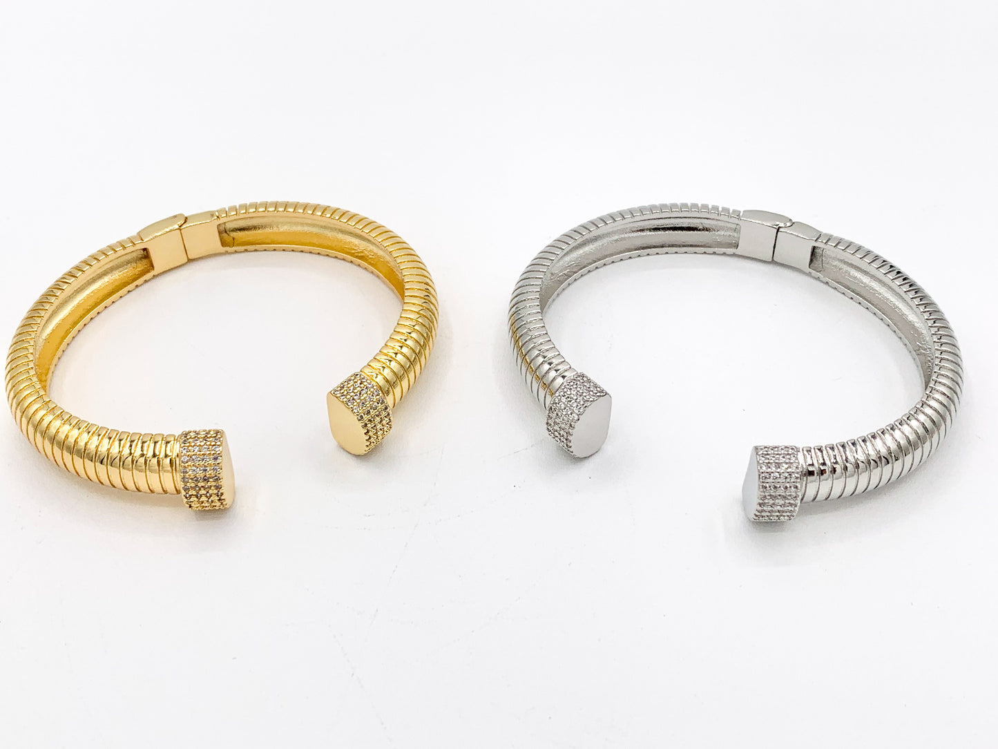 CZ Pave Rhinestone Fancy Open Hinge Bracelet Cuffs in 18K Gold Plating or Silver Plating