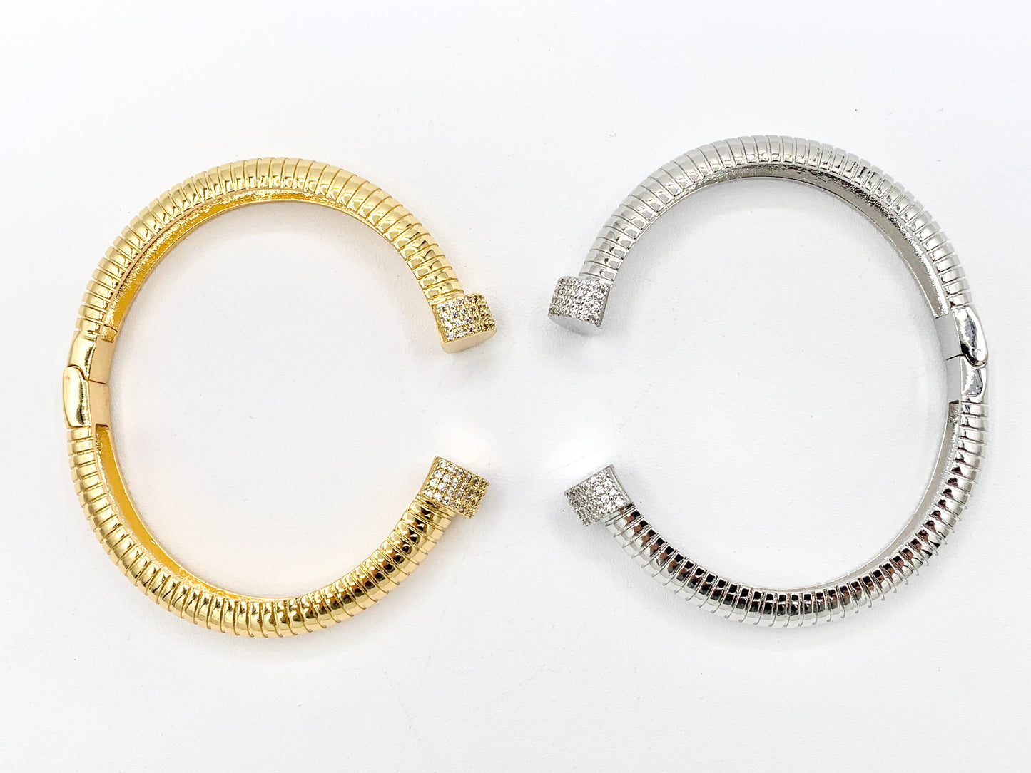 CZ Pave Rhinestone Fancy Open Hinge Bracelet Cuffs in 18K Gold Plating or Silver Plating