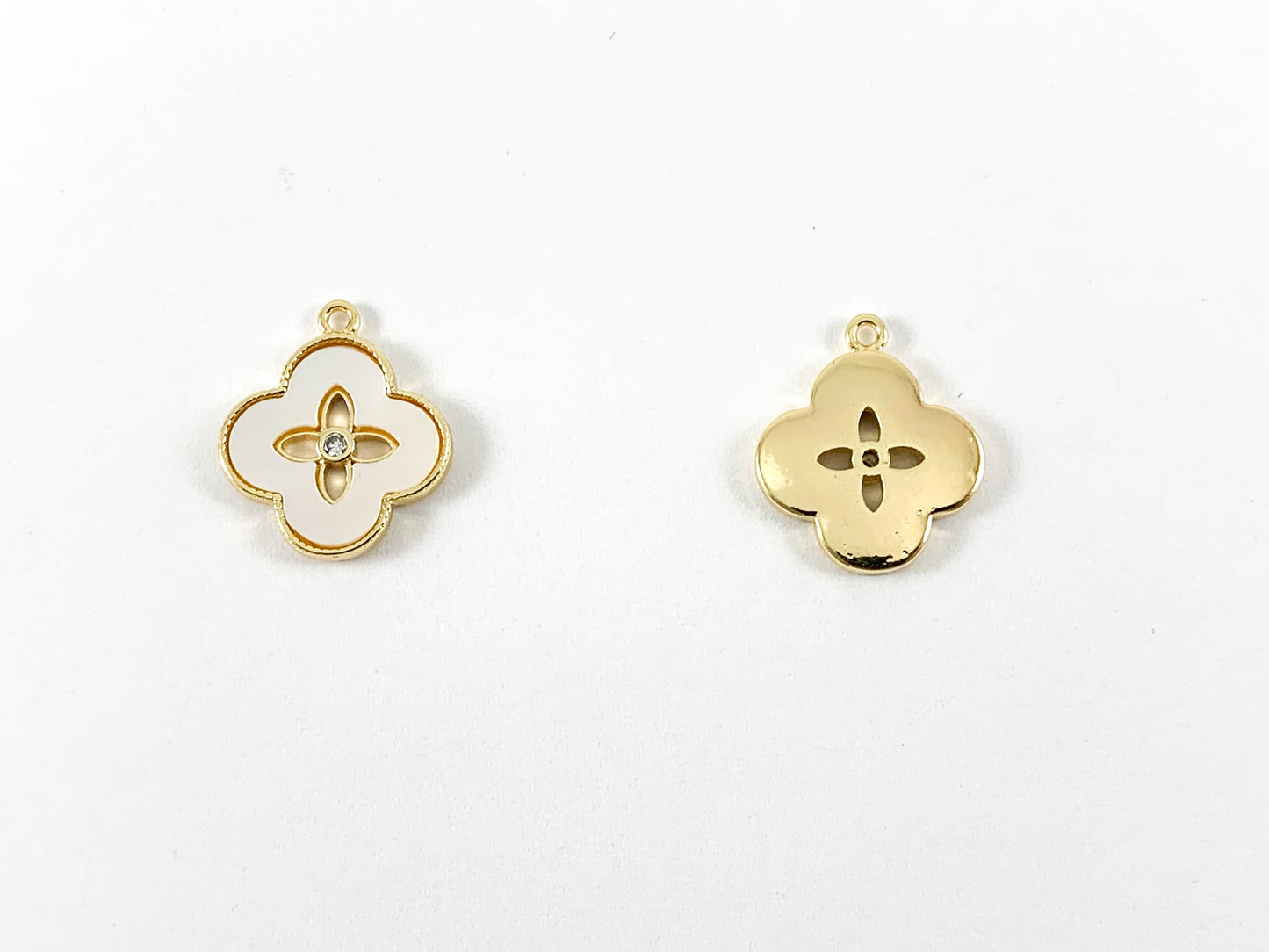Real Gold 18K Plated Mother of Pearl Clover Quatrefoil Pendant Charm Over Brass 6PCS