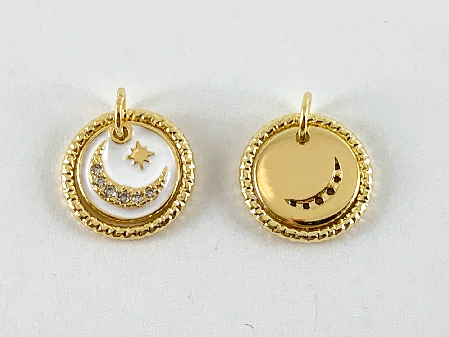 Real Gold 18K Plated Micro CZ Moon Crescent/Star Burst Dangle Enamel Coin Pave Charm Over Brass 6pc