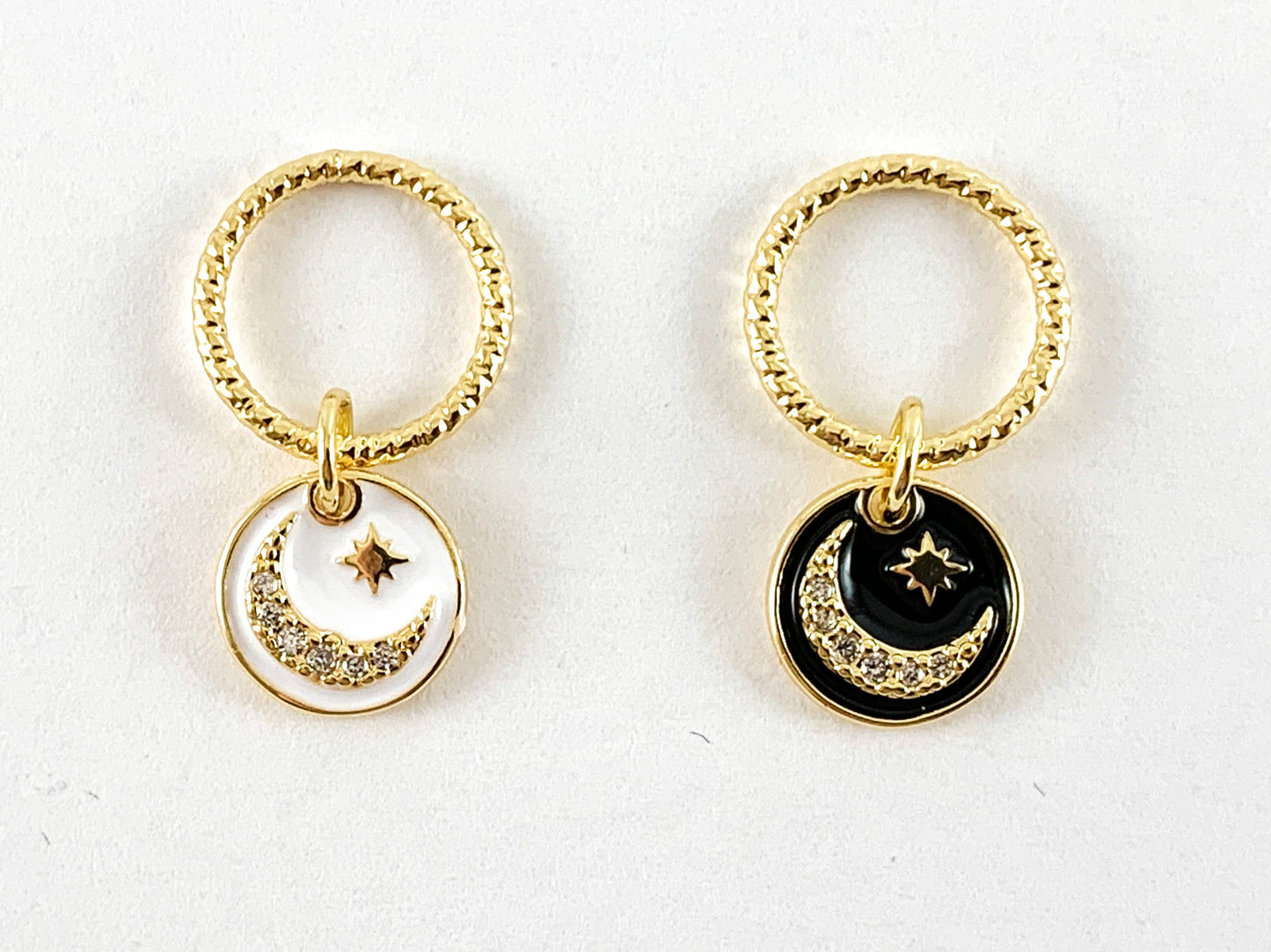 Real Gold 18K Plated Micro CZ Moon Crescent/Star Burst Dangle Enamel Coin Pave Charm Over Brass 6pc