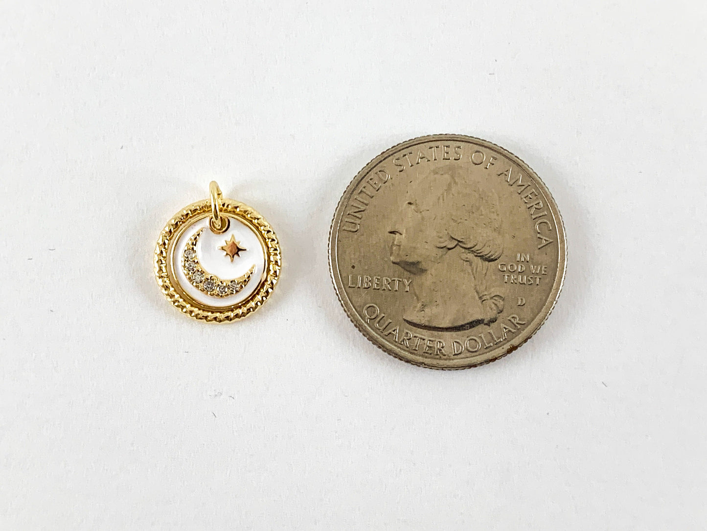 Real Gold 18K Plated Micro CZ Moon Crescent/Star Burst Dangle Enamel Coin Pave Charm Over Brass 6pc
