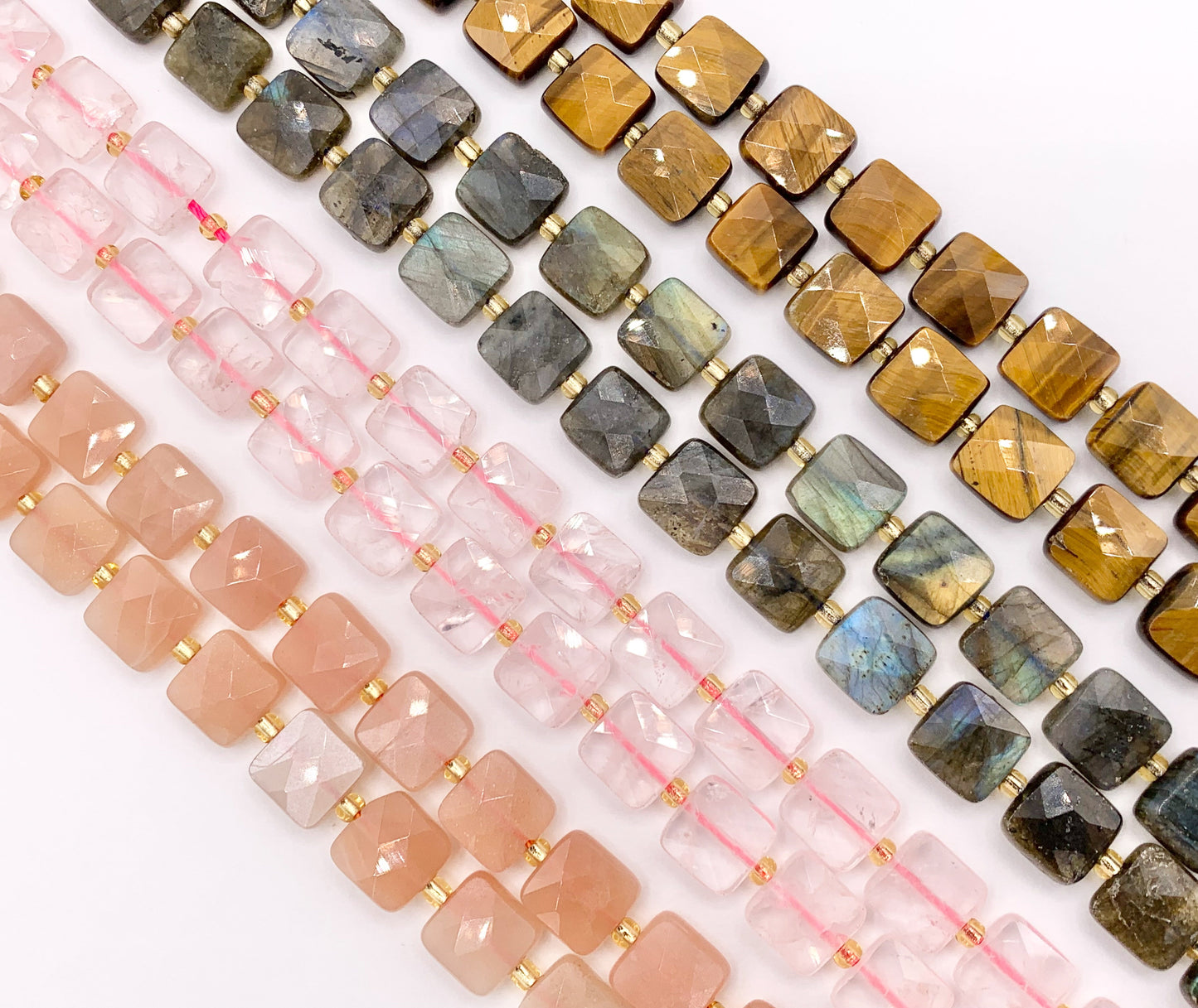 10mm Square Shape Rose Quartz/ Tiger's Eye/ Labradorite/ Pink Moonstone Flat Beads 15" Price 1 Strand