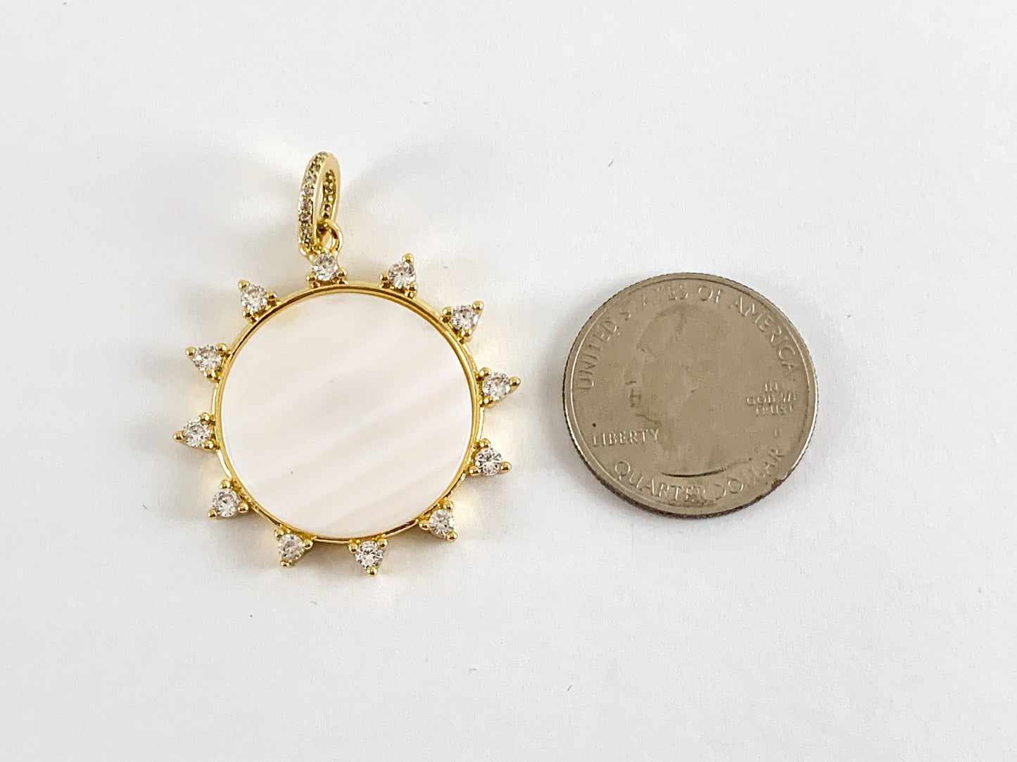 Real Gold Plated 18K Micro CZ Pave Sun Burst/Coin Charm Over Brass with Shell 4PCS