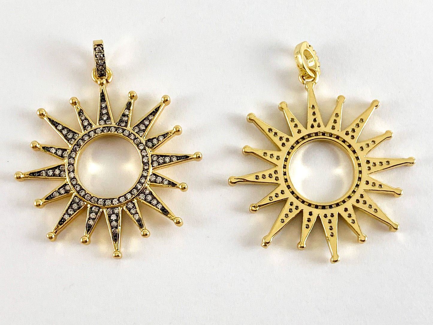 Real Gold 18K Plated Micro CZ Sun Burst Pave Charm Over Brass 2PCS