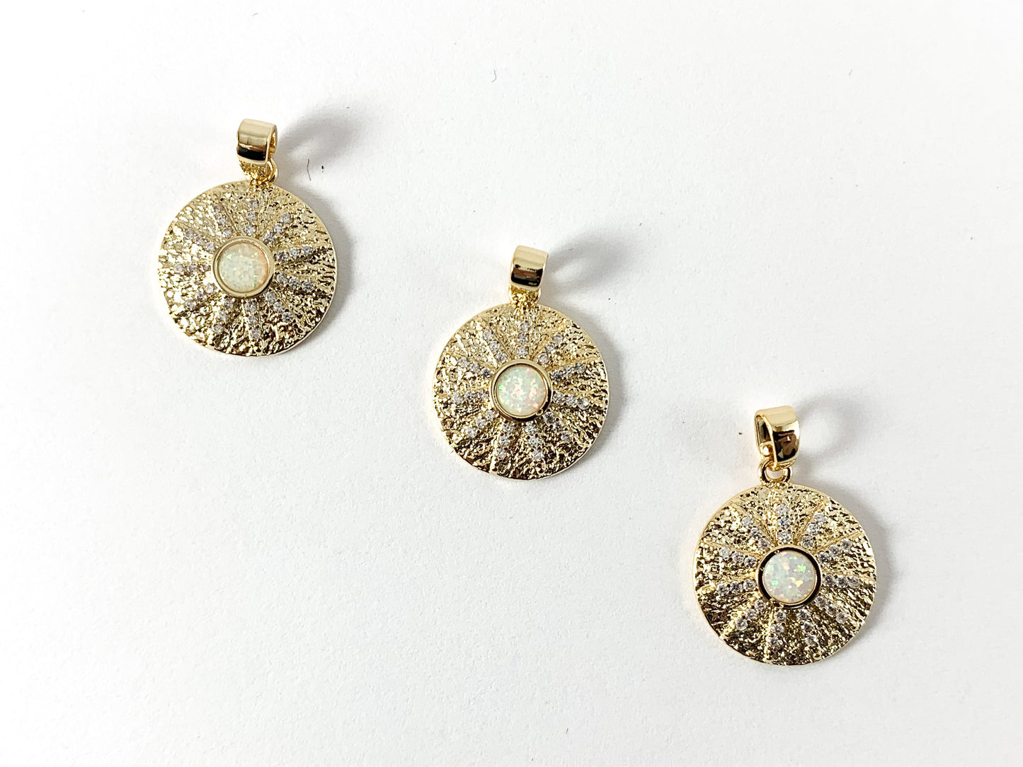 Real Gold 18K Plated CZ Pave Coin Charm Pendant with Japanese Opal 4PCS