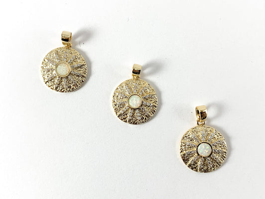 Real Gold 18K Plated CZ Pave Coin Charm Pendant with Japanese Opal 4PCS