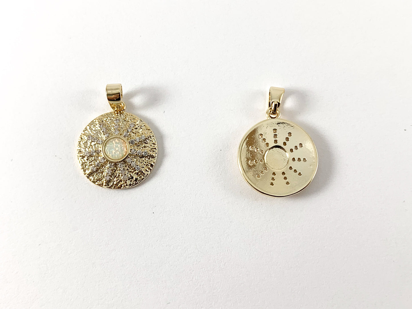 Real Gold 18K Plated CZ Pave Coin Charm Pendant with Japanese Opal 4PCS