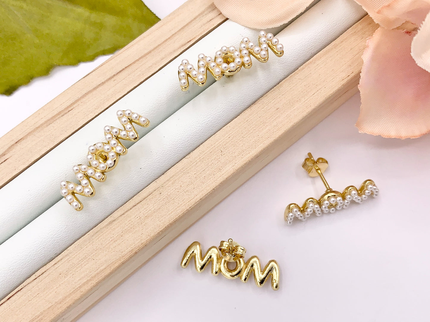 Cute MOM Studs with Pearls Mother's Day Earrings in 18K Gold plated Copper Gift For Mom 3 PAIRS
