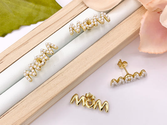 Cute MOM Studs with Pearls Mother's Day Earrings in 18K Gold plated Copper Gift For Mom 3 PAIRS